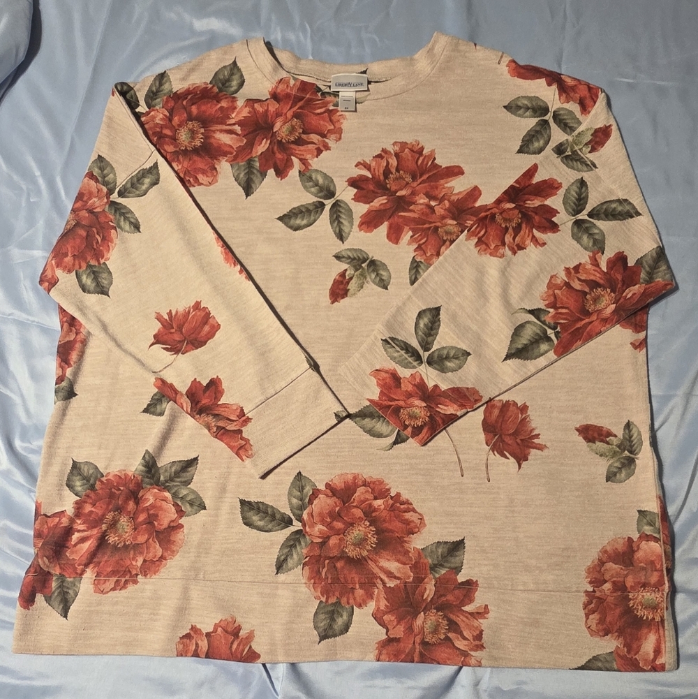 Scoop Neck Floral Knit Sweater in Beige with Red Blooms